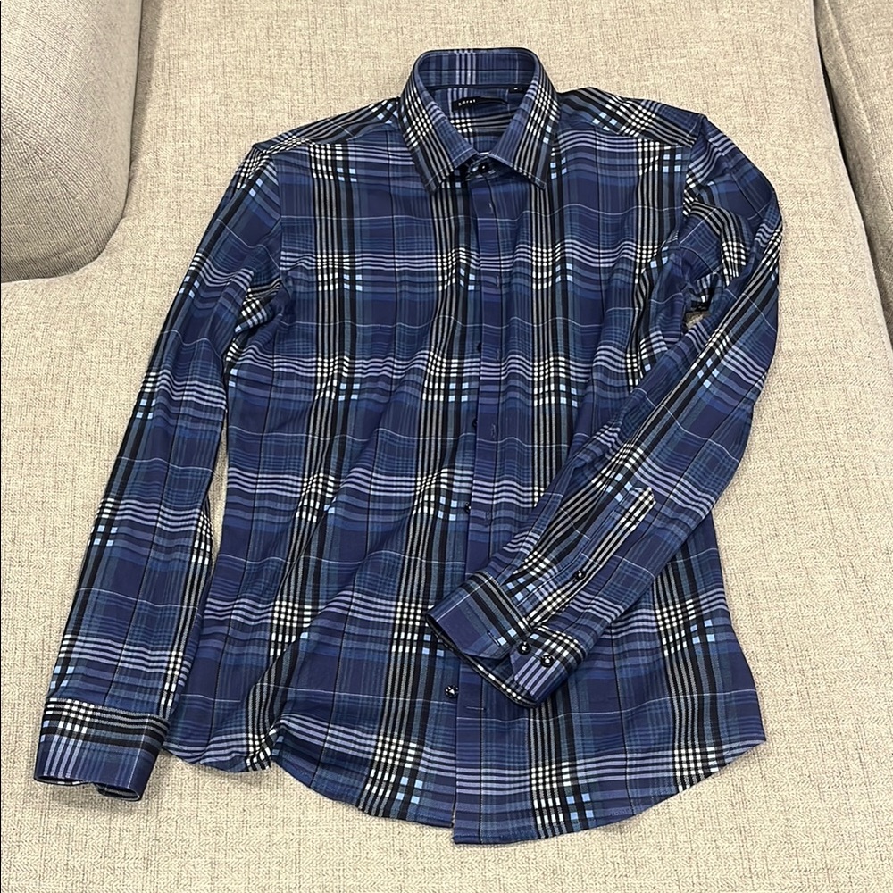 Blue Checkered Print Dress Shirt